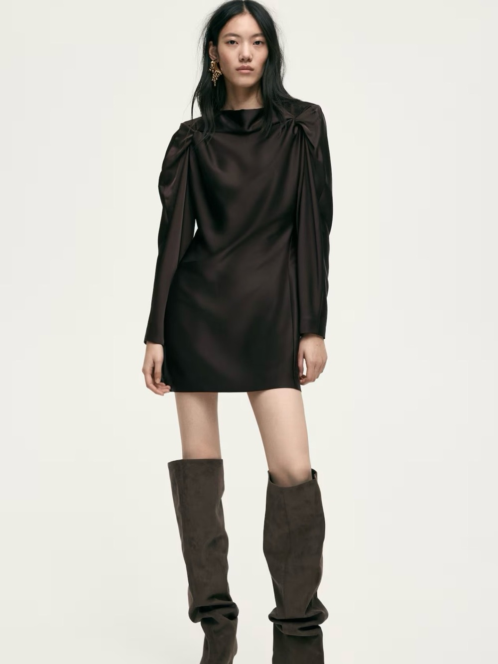 NWOT H&M Dark Brown Satin Mini Dress with Draped Neck and Puffed Shoulders